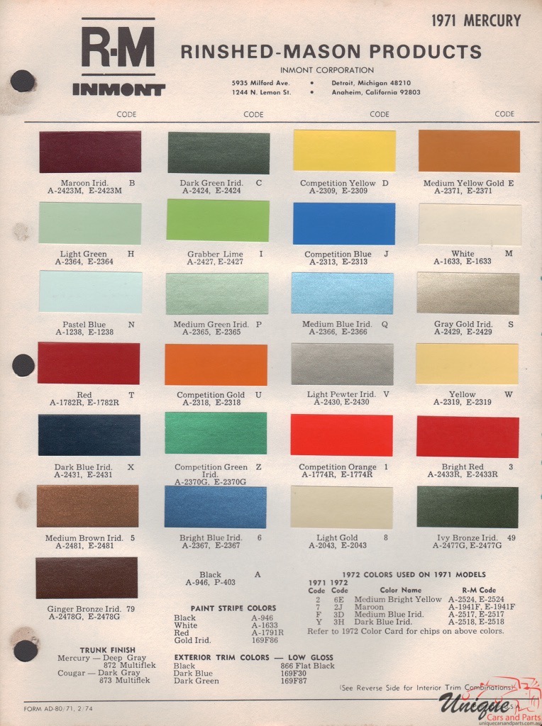 1971 Mercury Paint Charts Rinshed-Mason 1